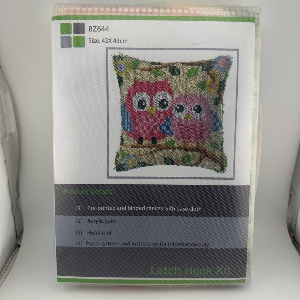 BZ644 Latch Hook Kit 17x17 Pink Owl Family DIY Needlework Craft Acrylic Yarn Set